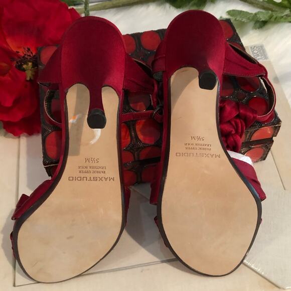 New Max Studio Red Satin Braided  T-Strap High Heeled Sandals Sz 5.5  NWOT - Picture 10 of 11